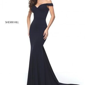 Sherri Hill Black Off-the-Shoulder Mermaid Gown #50730